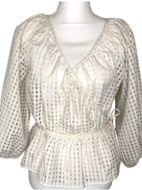 Levis Womens Boho Wrap Top Blouse 3/4 balloon Sleeve Tie Waist size Small Sheer